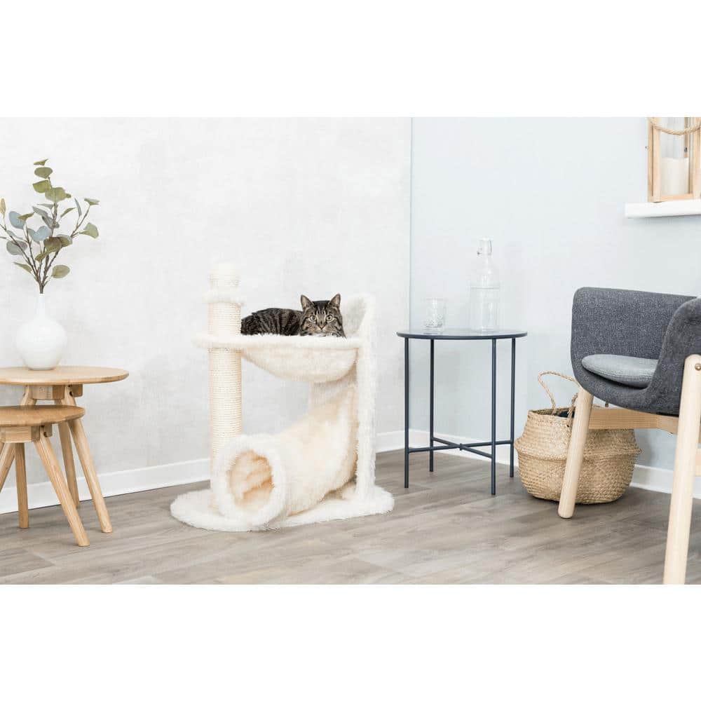Cream Plush Cat Tree with Sisal Scratcher, Hammock, and Tunnel