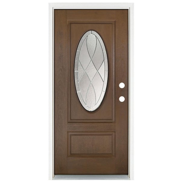 MP Doors 36 in. x 80 in. Medium Oak Left-Hand Inswing Zen Oval Lite Prestige Stained Fiberglass Prehung Front Door