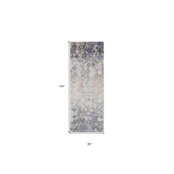 3 ft. X 12 ft. Tan and Ivory and Blue Abstract Area Rug