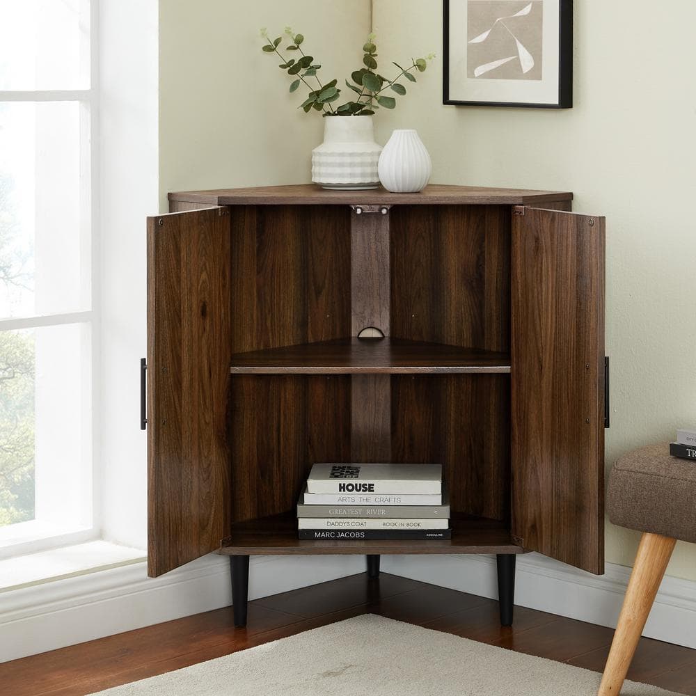 Dark Walnut 2-Door Corner Accent Cabinet with Adjustable Shelving
