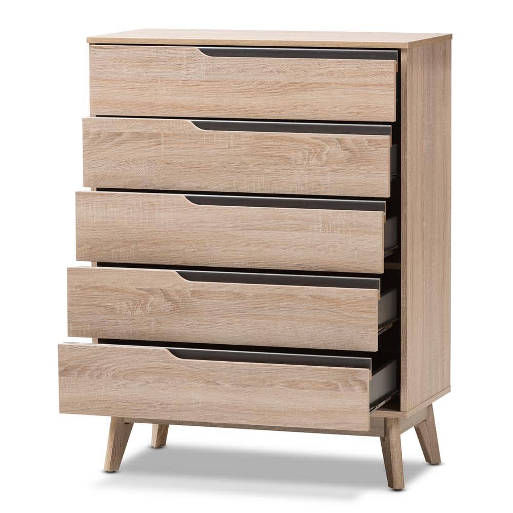 Fella Mid-Century Oak and Gray 5-Drawer Vertical Chest