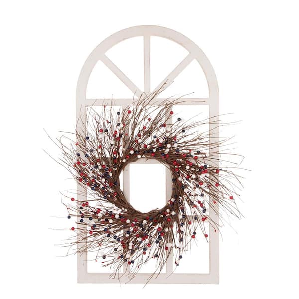Glitzhome 36 in. H Wooden Window Frame with 24 in. D Patriotic Red/White/Blue Berry Wreath