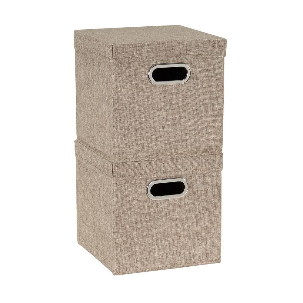 Set of 2 Beige Linen Fabric Collapsible Storage Cubes with Lids
