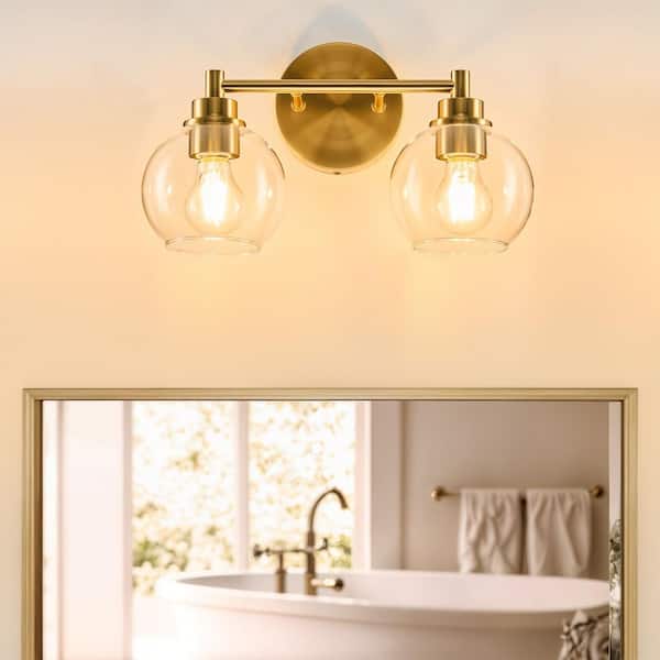 Merra 14.6 in. 2-Light Antique Brass Vanity Light with Clear Glass Shade E26 Sockets for Bathroom Bedroom Hallway Living Room