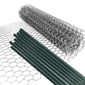 Galvanized Hexagonal Fence Wire Mesh Poultry Netting with 12 Posts For Plant Protection & Home Decors, 36 In. x 20 Ft.