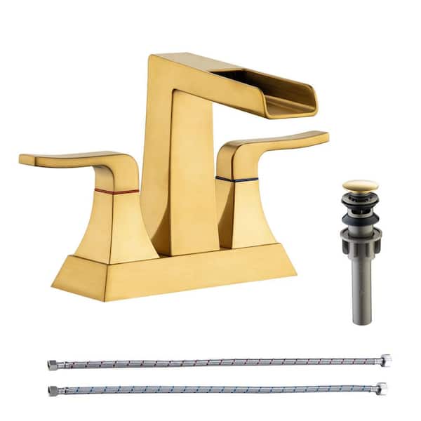 RAINLEX 4 in. Centerset 2-Handle Lavatory Bathroom Faucet with Waterfall Spout, Drain Kit Included in Brushed Gold