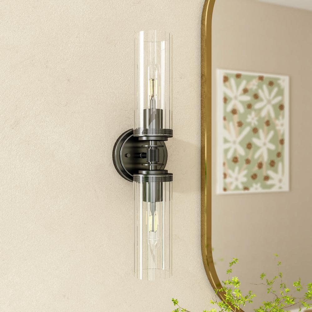 Fremont 18.7 in. Farmhouse 2-Light Matte Black Dimmable Vanity Light with Clear Striped Glass Shade price history on PriceWatchPro