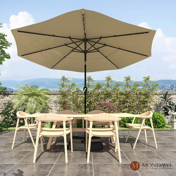11 ft. Market Patio Umbrella 3-Tiers Crank and Tilt Outdoor Umbrella in Tan with LED Lights