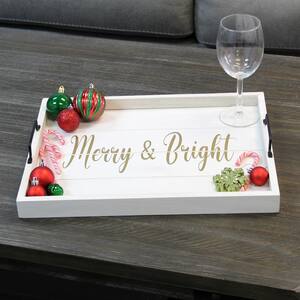 "Merry and Bright" White Wash Decorative Wood Serving Tray