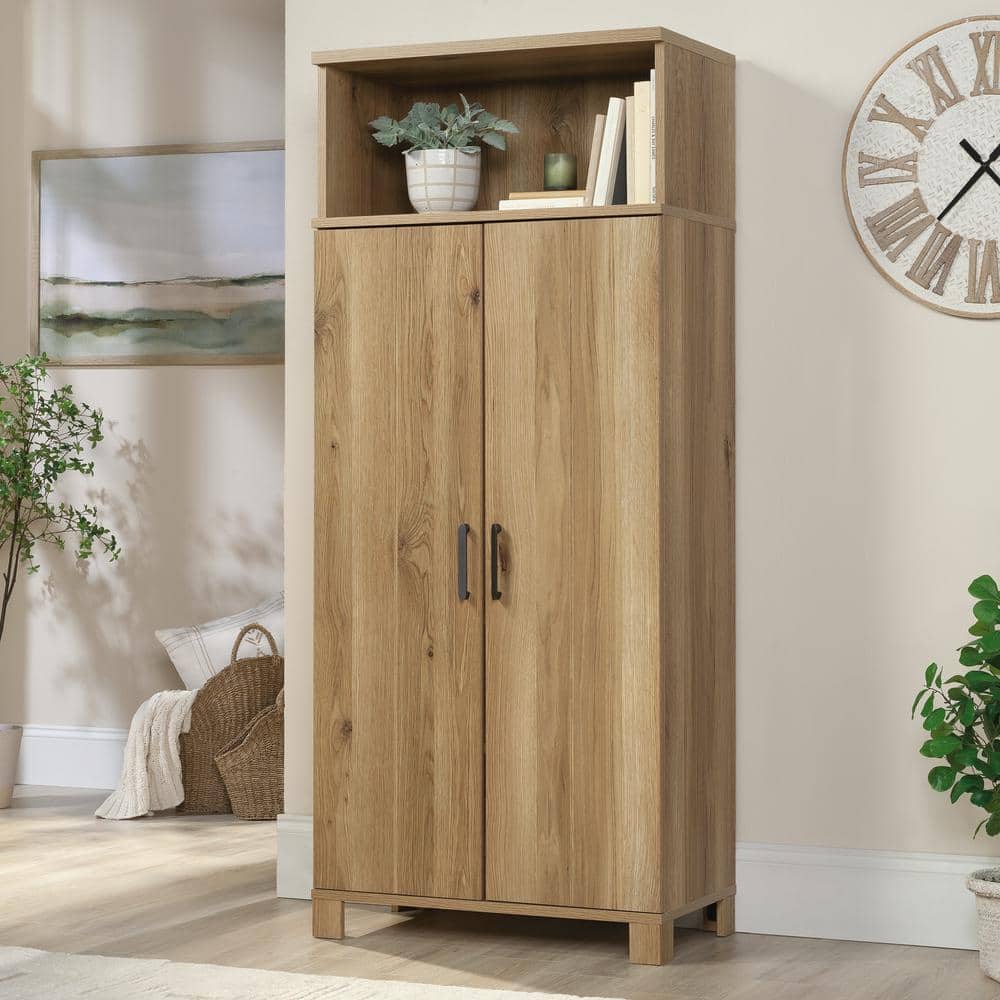 Timber Oak Storage Cabinet with Adjustable Shelving and Black Hardware