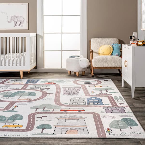 Chalea Kids Town Machine Washable White 7 ft. x 9 ft. Area Rug