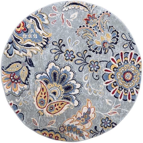 Home Dynamix Tremont Grey/Red 8 ft. Round Floral Area Rug