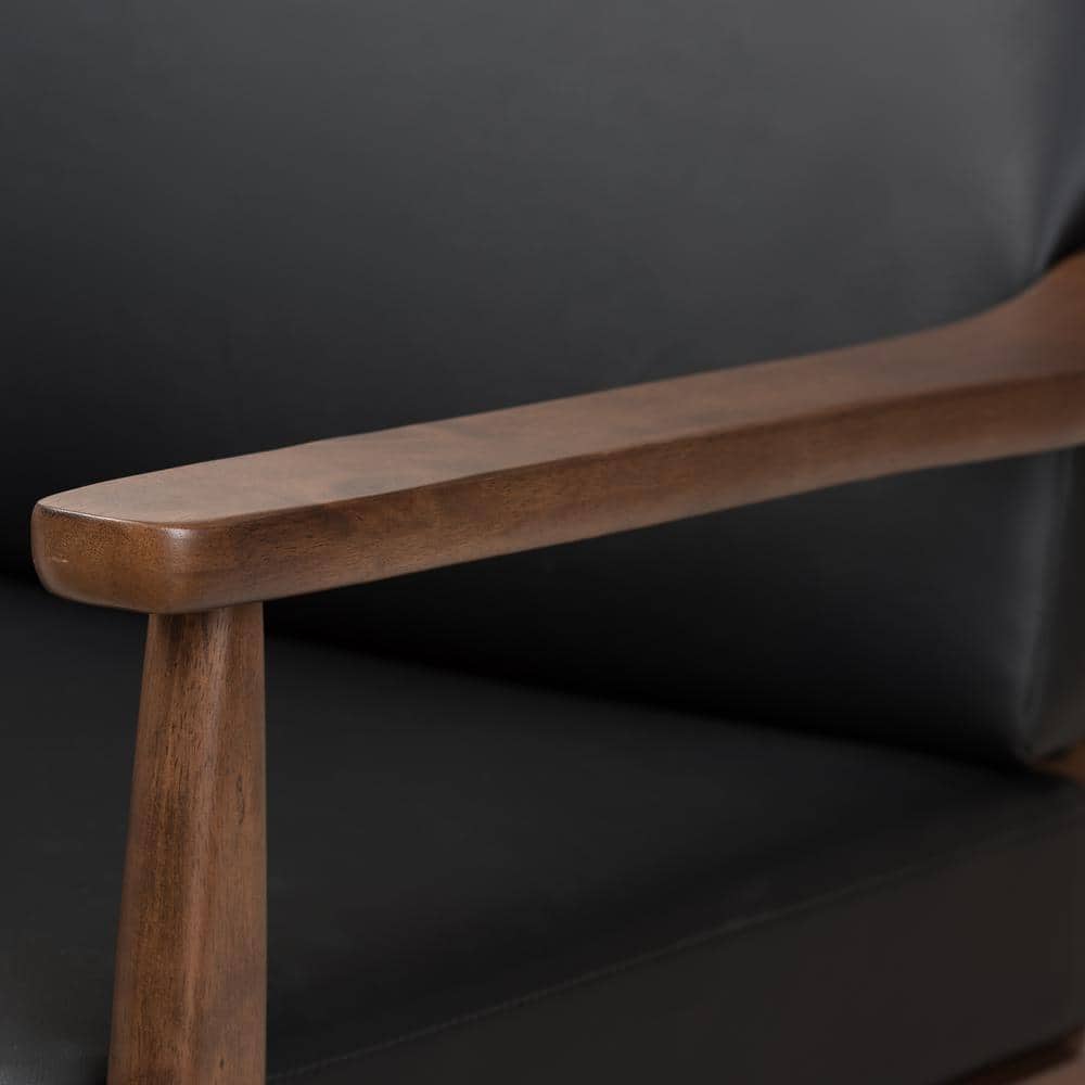 Venza Mid-Century Modern Black Faux Leather Walnut Wood 3-Seater Sofa