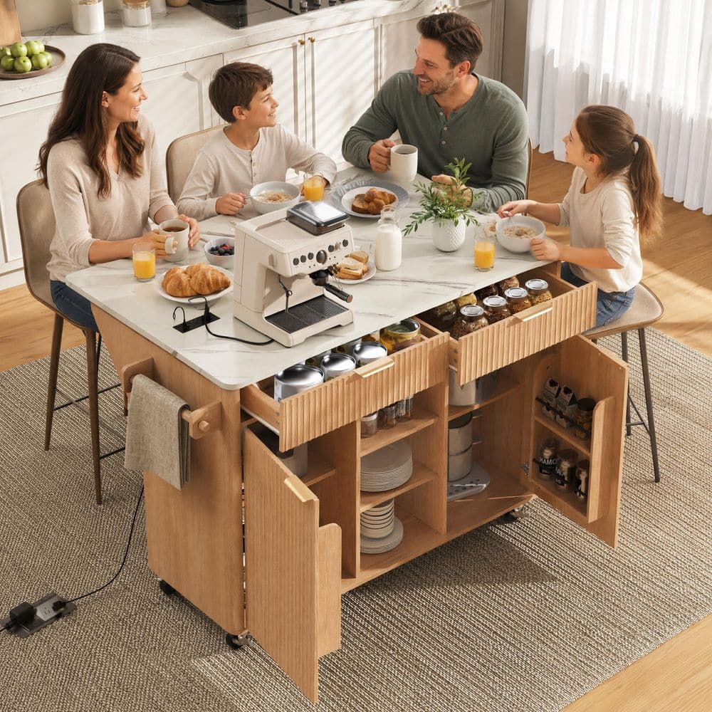 Natural Wood 52 in. W Rolling Kitchen Island with Power Outlet and