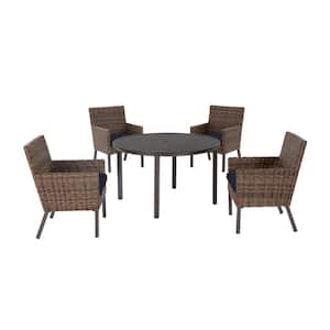 Fernlake 5-Piece Brown Wicker Outdoor Patio Dining Set with CushionGuard Midnight Navy Blue Cushions
