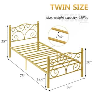 Bed Frame Twin Size Bed Mattress Foundation Support with Headboard and Footboard Metal Platform Bed, Gold