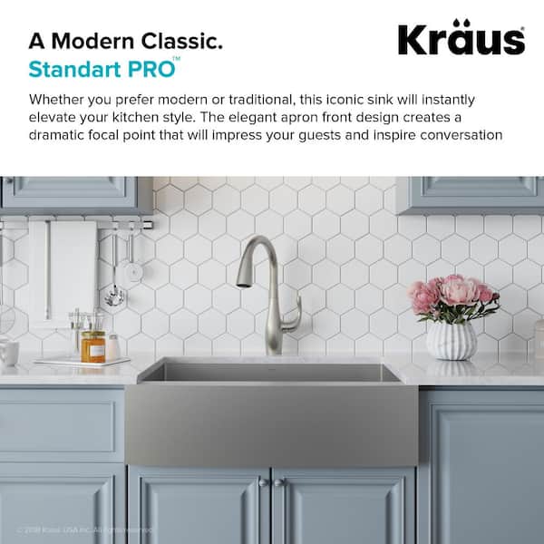 KRAUS - Standart PRO 33 in. Farmhouse/Apron-Front Single Bowl 16 Gauge Stainless Steel Kitchen Sink with Accessories
