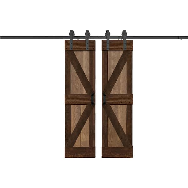 ISLIFE K Series 48 in. x 84 in. Walnut/Coffee Finished DIY Solid Wood Double Sliding Barn Door with Hardware Kit