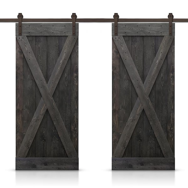 CALHOME X Series 76 in. x 84 in. Pre-Assembled Charcoal Black Stained Wood Interior Double Sliding Barn Door with Hardware Kit