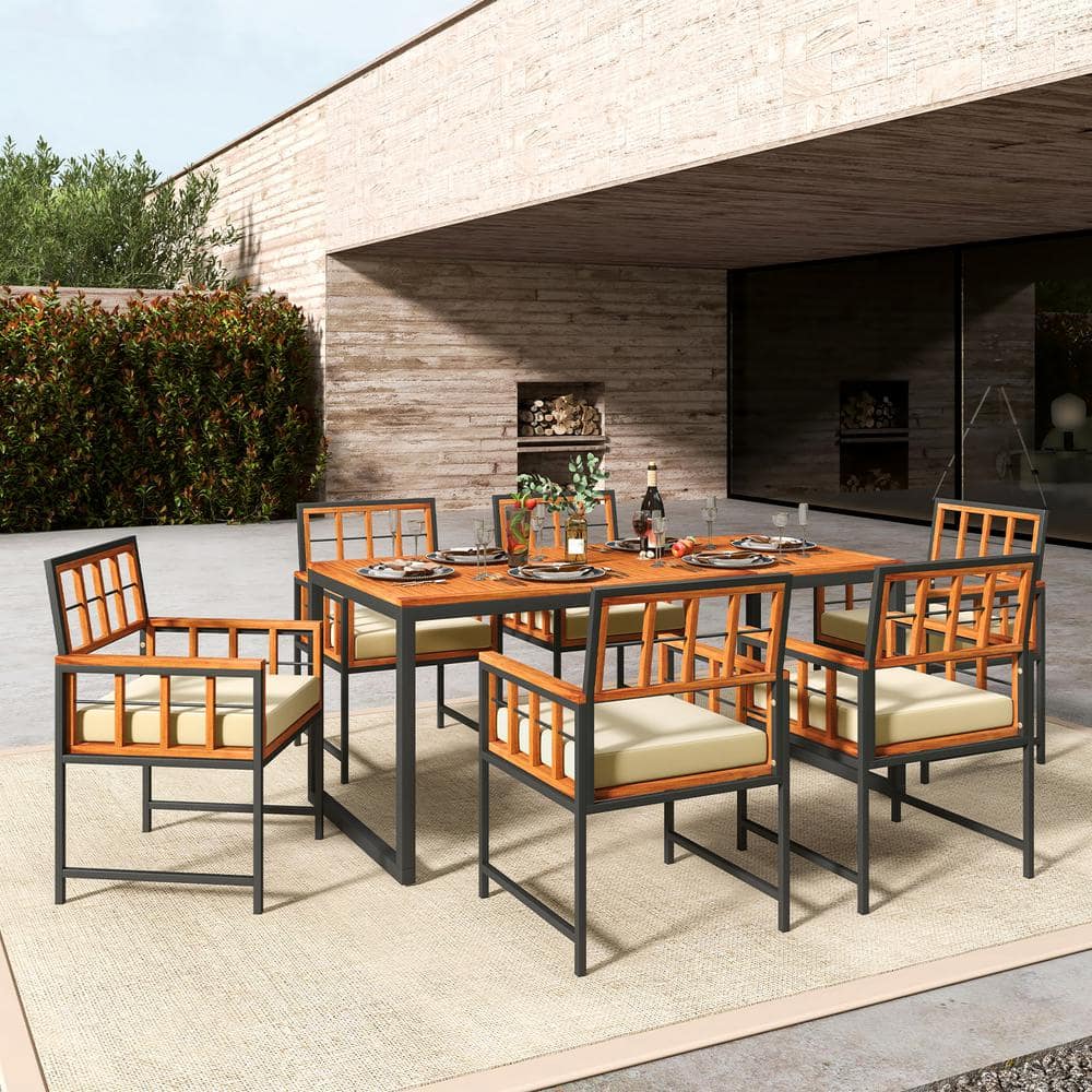 7-Piece Beige Cushion Acacia Wood Outdoor Dining Set