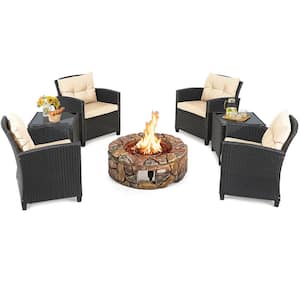 7-Piece Wicker Patio Rattan Furniture Set Gas Fire Pit Table Sofa with Beige Cushion