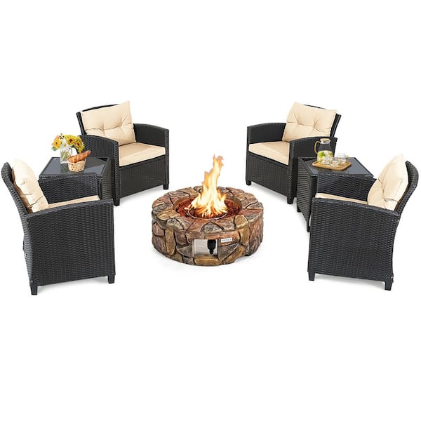 Costway 7-Piece Wicker Patio Rattan Furniture Set Gas Fire Pit Table Sofa with Beige Cushion