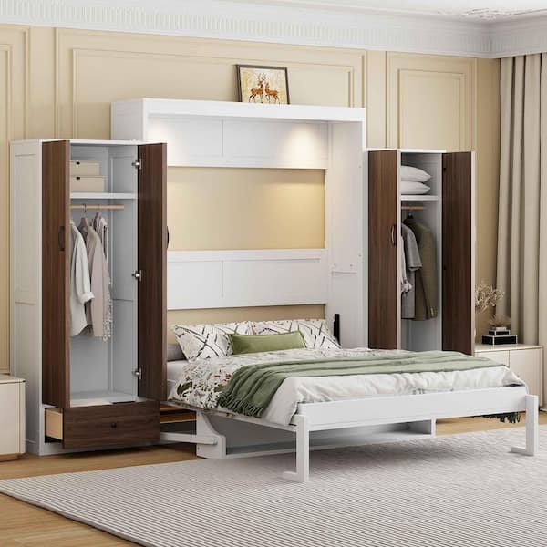 White Wood Frame Full Size Murphy Bed with Closet, Drawers and Table