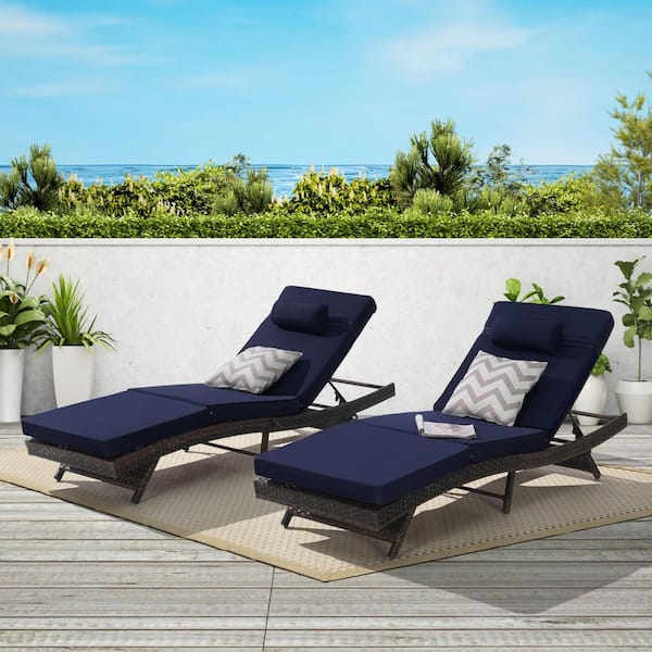 Sudzendf Wicker Outdoor Reclining Loveseat Chair Sunbathing Chairs with Dark Blue Cushions (Set of 2)