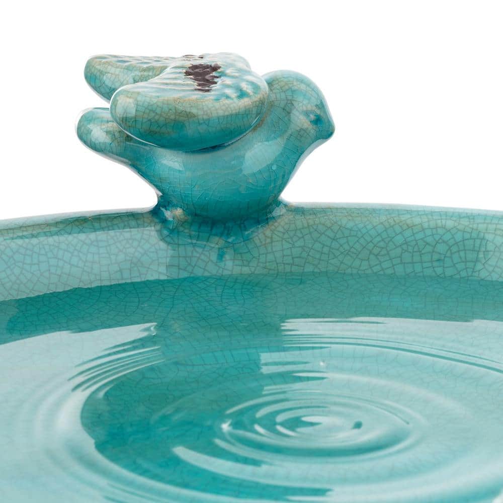 Turquoise Ceramic Pedestal Bird Bath with Bird Figurines
