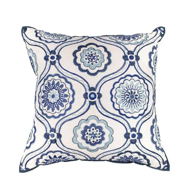 Kas Rugs Fanfare Ivory and Blue Geometric Hypoallergenic Polyester 18 in. x 18 in. Throw Pillow