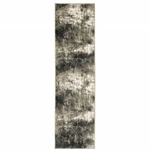 Charcoal Grey and Beige Abstract 2 ft. x 8 ft. Power Loom Stain Resistant Runner Rug