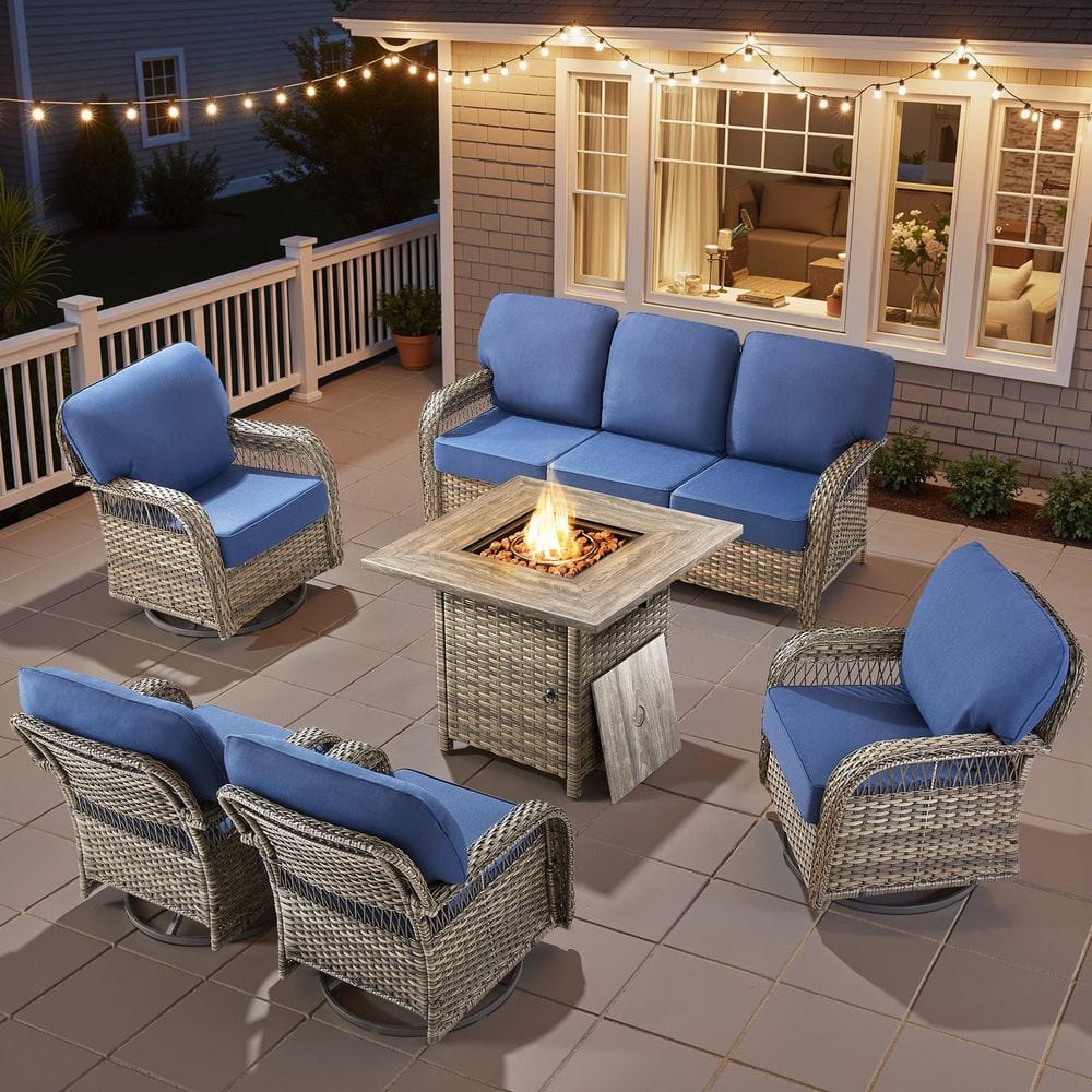 Tyber Gray 6-Piece Wicker Outdoor Fire Pit Patio Conversation Sofa Seating Set with Blue Cushions, Swivel Glider Chairs price history on PriceWatchPro