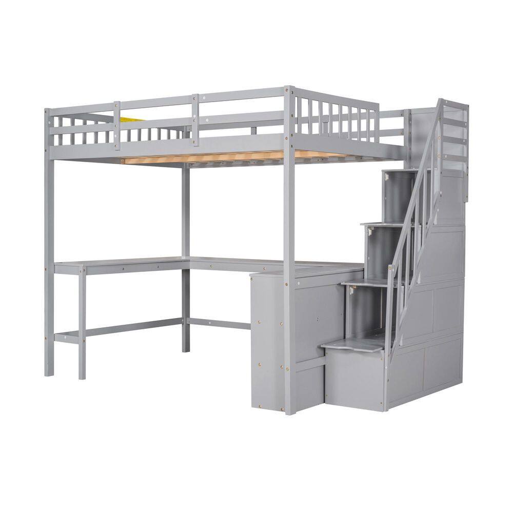 Harper & Bright Designs Gray Wood Full Size Loft Bed with L-Shaped Desk ...