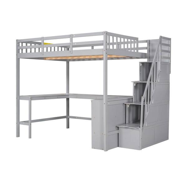 Harper & Bright Designs Gray Wood Full Size Loft Bed with L-Shaped Desk ...