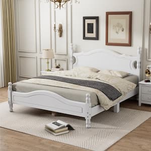 Retro Style White Wood Frame Queen Size Platform Bed with Royal Style Headboard and Extra Support Legs