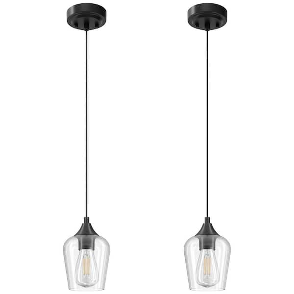 Merra 60-Watt 1-Light Matte Black Mini Pendant Light with clear Glass Shade and Adjustable Height, 2-Packs