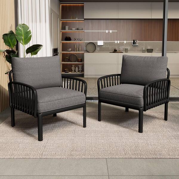 (Set of 2) Black Plastic Deep Seating Outdoor Lounge Chair with Waterproof Thick Dark Gray Cushions