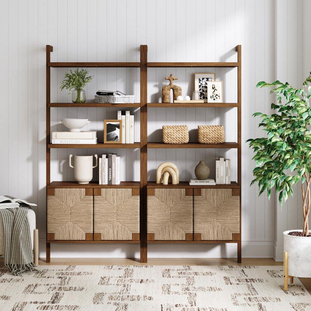 Beacon 72 in. Tall Dark Brown Solid Wood 3-Shelf Boho Bookcase with Seagrass Cabinet, (Set of 2)