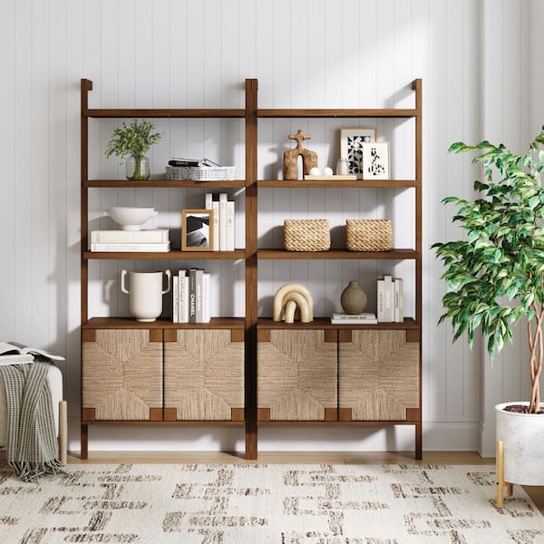 Beacon 72 in. Tall Dark Brown Solid Wood 3-Shelf Boho Bookcase with Seagrass Cabinet, (Set of 2)