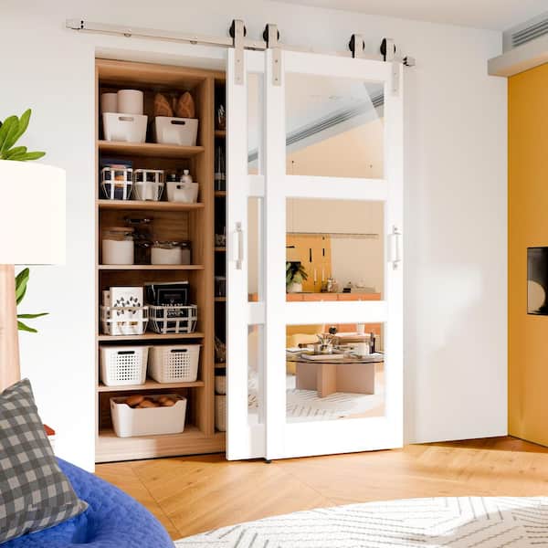 60 in. x 80 in. 3 Lite Mirrored Glass White Primed Pine Wood Barn Door Slab with Nickel-plated Bypass Hardware Kit Set