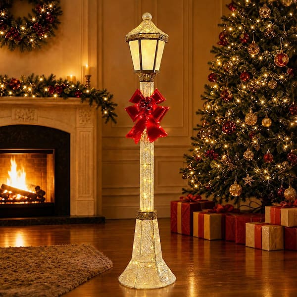 Starfree 60 in. Outdoor Christmas Decoration Lamp Post with Warm White LEDs and Pre-Lit Red Bow