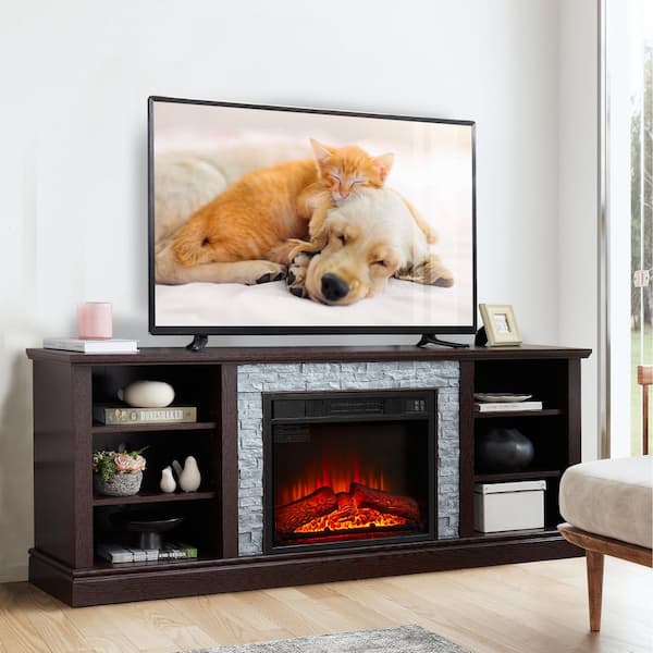 SUNRINX 70 in. W Freestanding Wooden with Faux Stacked Stone