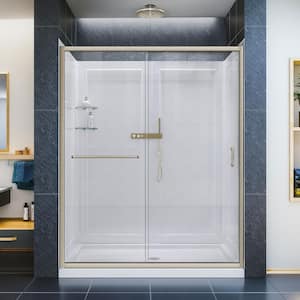 Infinity-Z 34 in. x 60 in. Semi-Frameless Sliding Shower Door in Brushed Nickel with Center Drain Base and BackWalls
