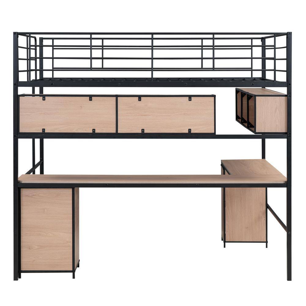 Black Metal Full Loft Bed with Bookcase and Desk