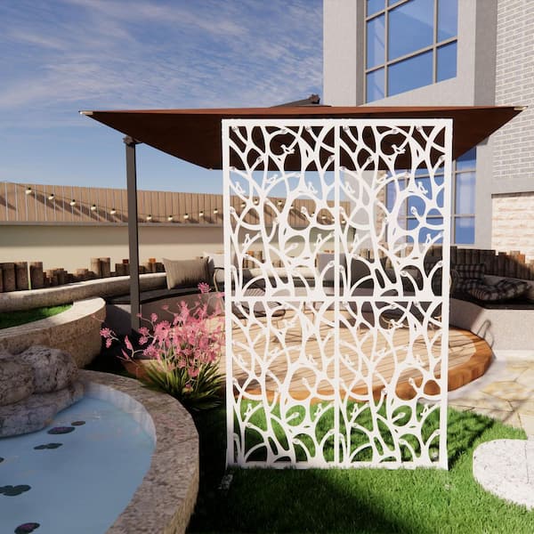 3.8 ft. x 6 ft. Free Standing Decorative Privacy Fence Screen Bird White Metal for Balcony Patio Garden Room Divider