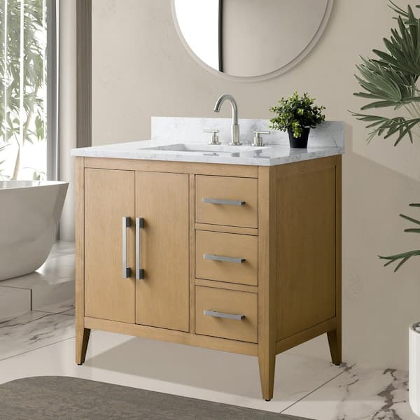 36 in. W. x 22 in. D x 34 in. H Single Sink Bathroom Vanity Cabinet in Natural Oak with Engineered Marble Top in White