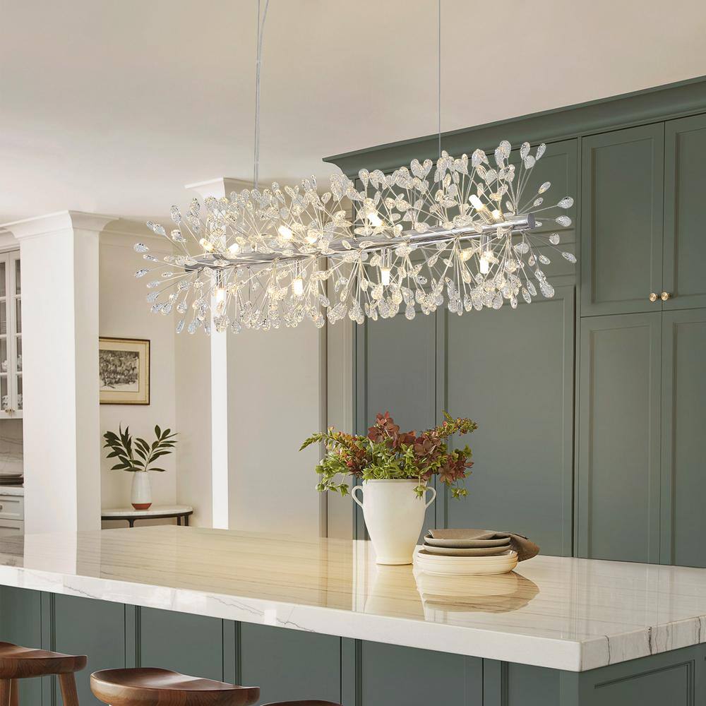 35.43 in. W 12-Lights Chrome Modern Crystal Linear Chandelier for Study Roo