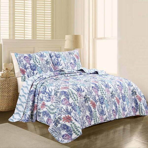 James Home Watercolor Seaworld 3-Piece Reversible Ultra-Soft Multi-Color Microfiber Quilt Set, King