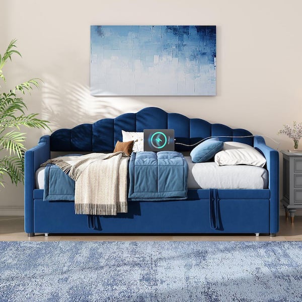Blue Twin Upholstered Daybed with Adjustable Height Pop Up Trundle