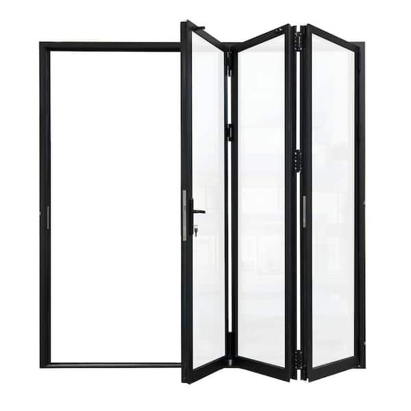 ATVIO 96 in. x 96 in. Matte Black Left To Right Out-Swing Thermal Break Aluminum Folding Patio Door With Locks